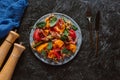 top view of delicious salad with mussels, vegetables and jamon Royalty Free Stock Photo